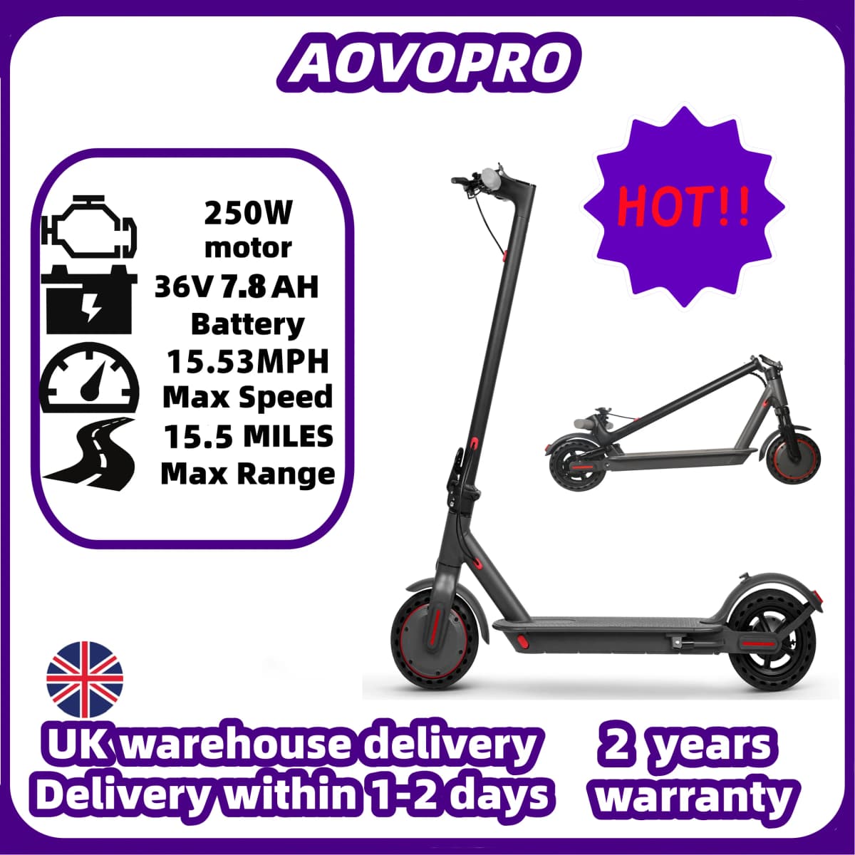 AOVOPRO Adult Electric Scooter 36V 7.8AH Battery 250W Powerful Motor Maximum Speed: 15.53mph Miles App Control Supported 8.5-inch