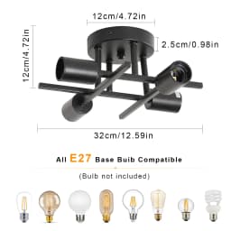 Black Sputnik Ceiling Lamp, Industrial Semi-Recessed Ceiling Lamp, Max 60W, 4 Lights, Vintage Ceiling Light E27 Bulb Not Include