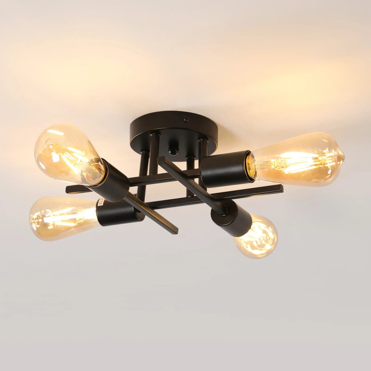 Black Sputnik Ceiling Lamp, Industrial Semi-Recessed Ceiling Lamp, Max 60W, 4 Lights, Vintage Ceiling Light E27 Bulb Not Include