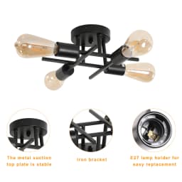 Black Sputnik Ceiling Lamp, Industrial Semi-Recessed Ceiling Lamp, Max 60W, 4 Lights, Vintage Ceiling Light E27 Bulb Not Include