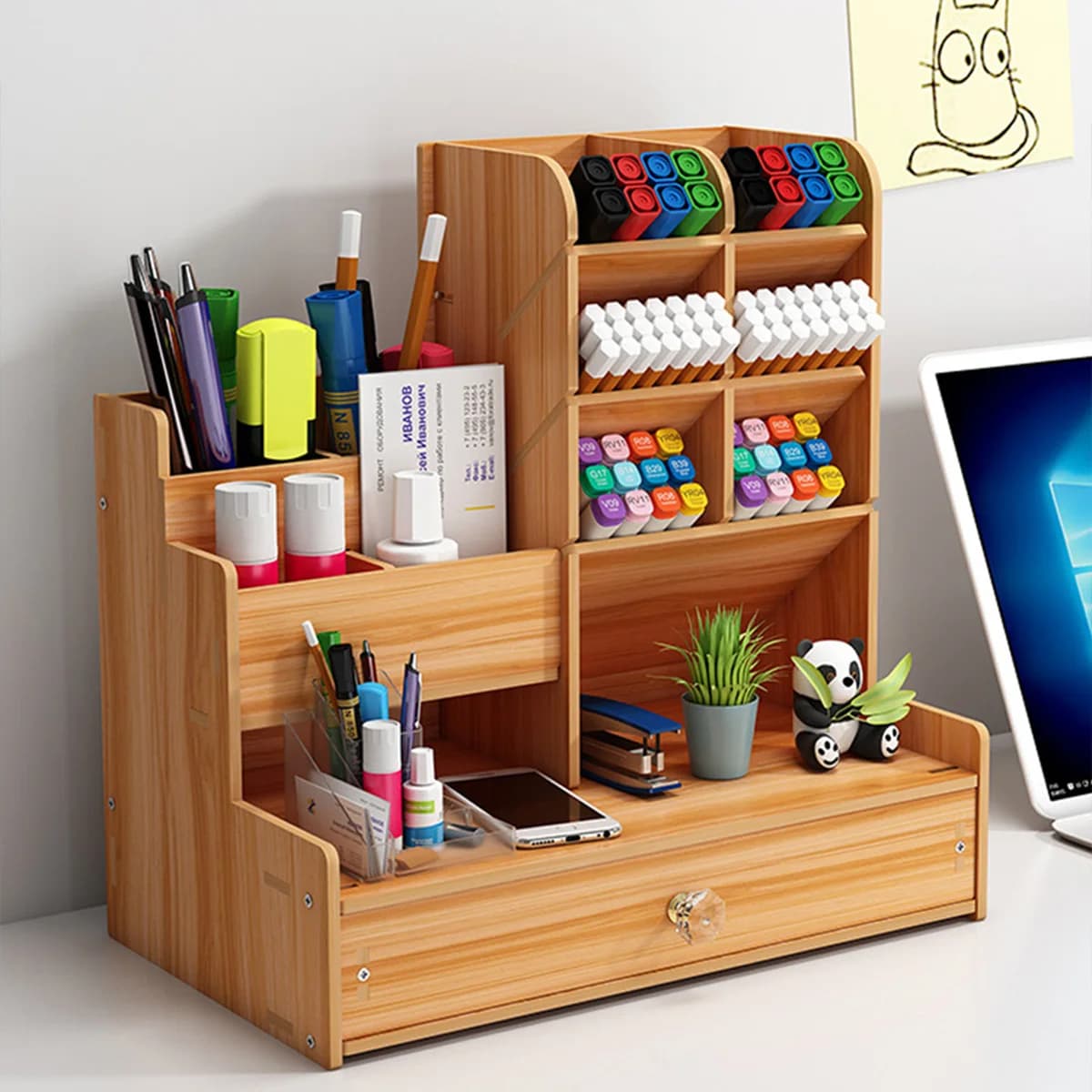 1PC Wooden Retro Pen Holder Rack Storage Box Student Stationery Storage Drawer Style Suitable for Multi Scene Study Room Office