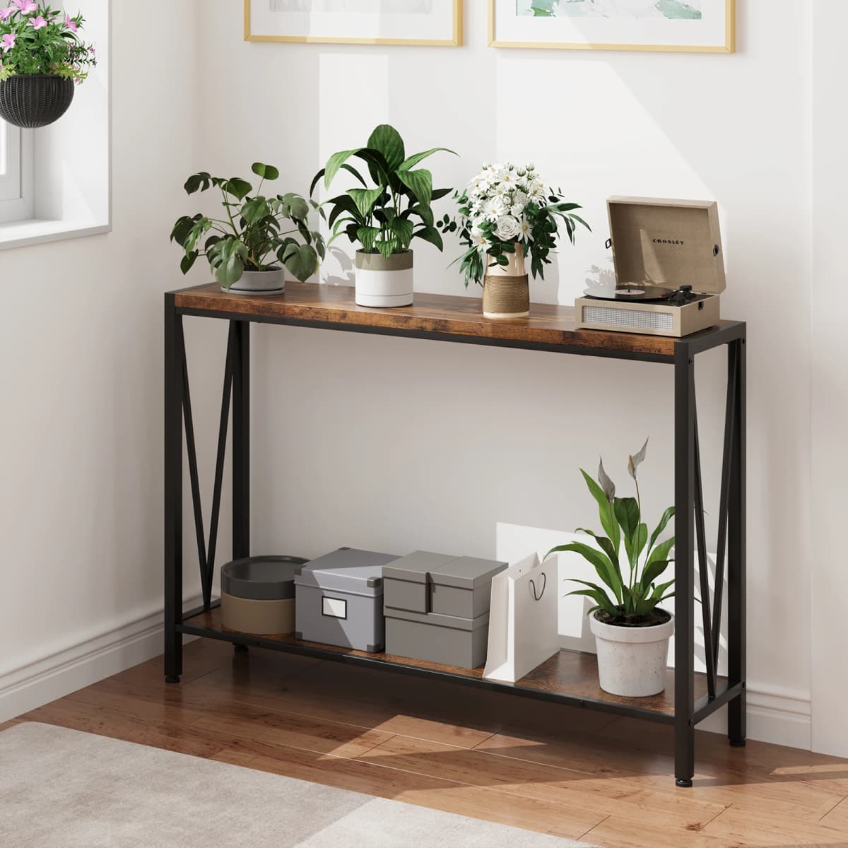 2-Tier Console Table with Storage Narrow Sofa Table with V Design 110cm Industrial Corridor Table for Hallway Entryway Foyer
