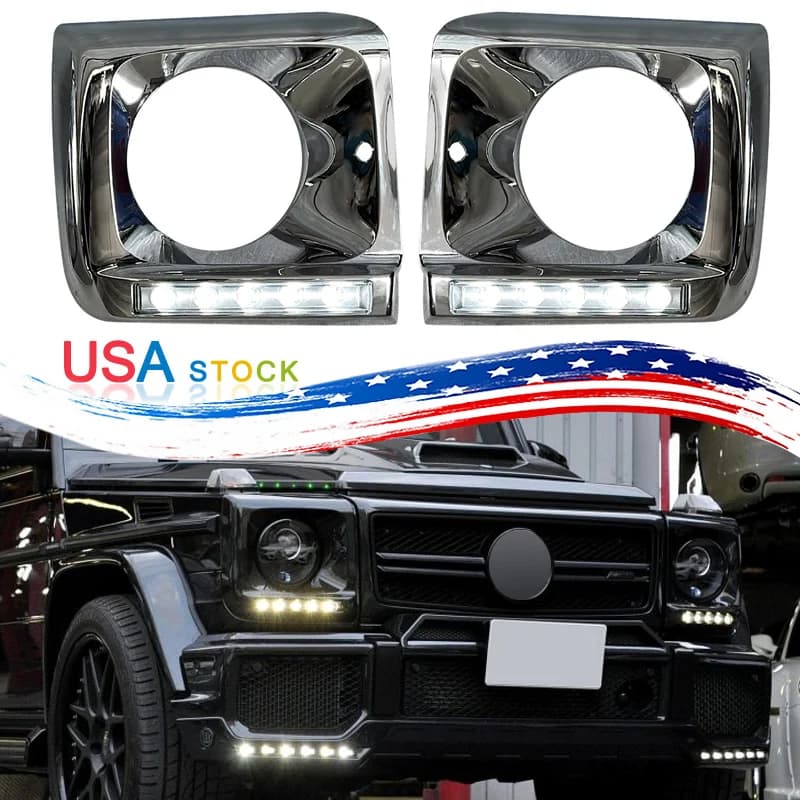 Headlight Trim Bezel With LED Fits Mercedes-Benz G Class W463 G550 G500 G63 1990 1991 1992 1993 1994 1995-2018 Chrome Black