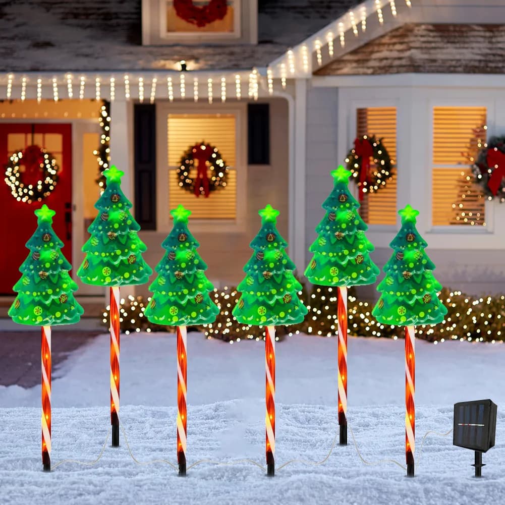 6 Pack LED Solar Powered String Lights IP65 Waterproof Xmas Tree Candy Cane Light Decorative Pathway Light for Courtyard Balcony