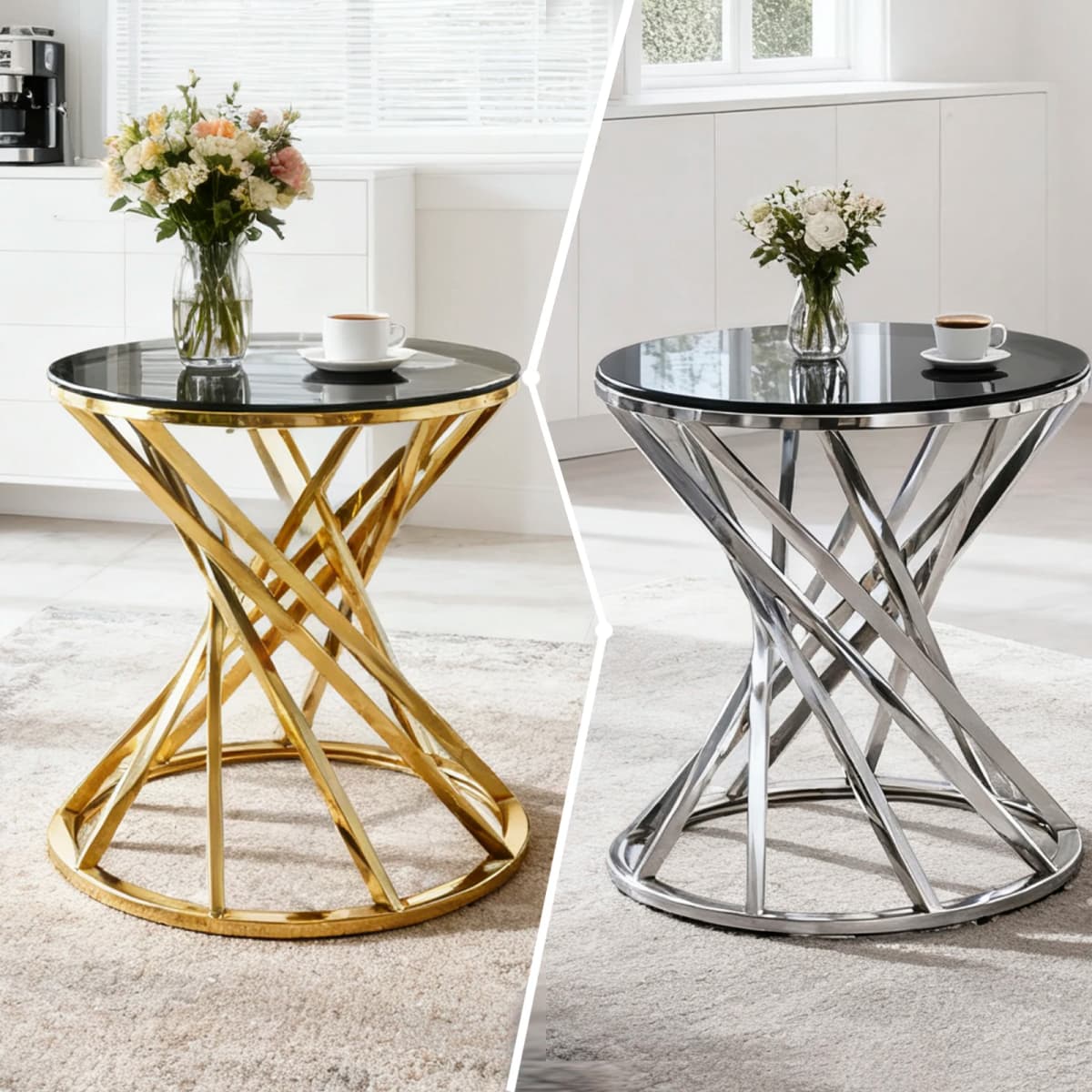 AINPECCA Round Sofa Side Table End Table Small Coffee Table Stainless Steel with Tempered Glass Design Living Room