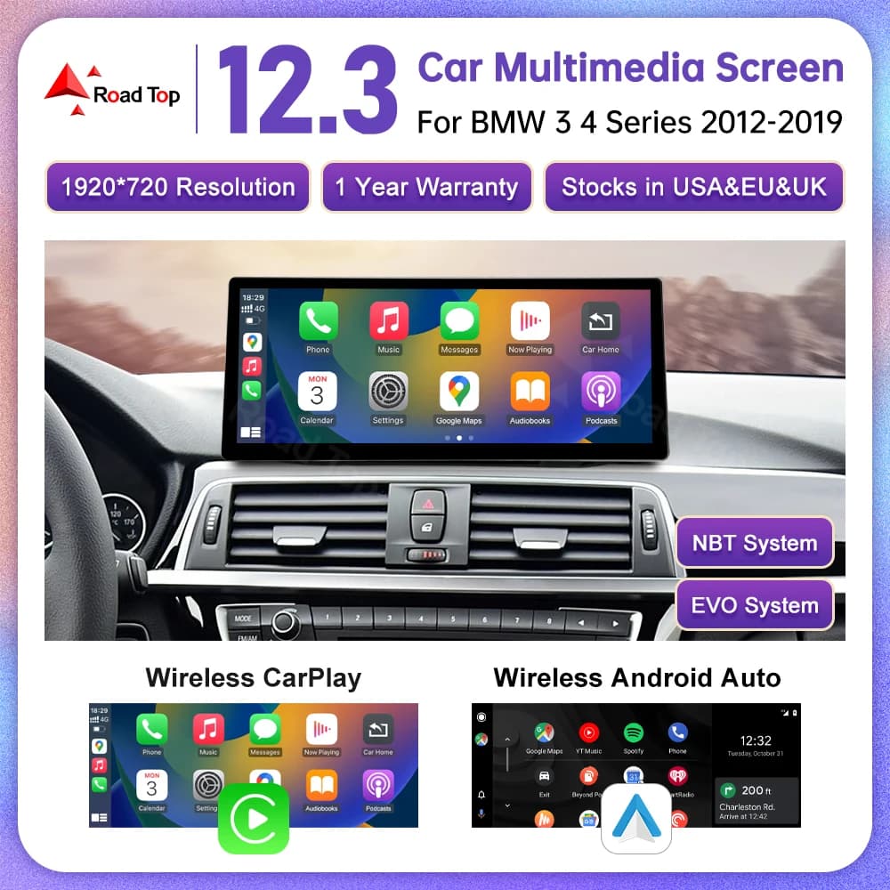 Road Top 12.3" Untra Thin Screen For BMW 3/4 Series F30 F31 F32 F33 F34 F36 With Wireless CarPlay Android Auto Car Multimedia