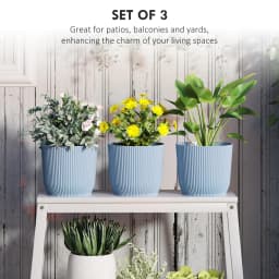 Outsunny Set of 3 Plastic Round Plant Pots Outdoor 22cm, Garden Planters, Flower Pots for Garden Decoration, Blue