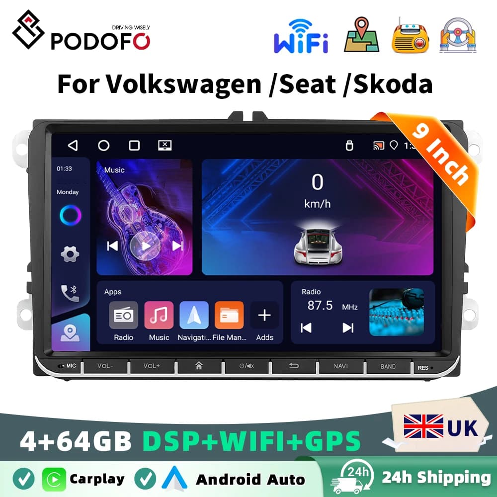 Podofo Wireless Carplay Android Auto Car Radio 9 Inch Multimedia Video Player GPS BT WIFI FM RDS For Volkswagen/Seat/Skoda