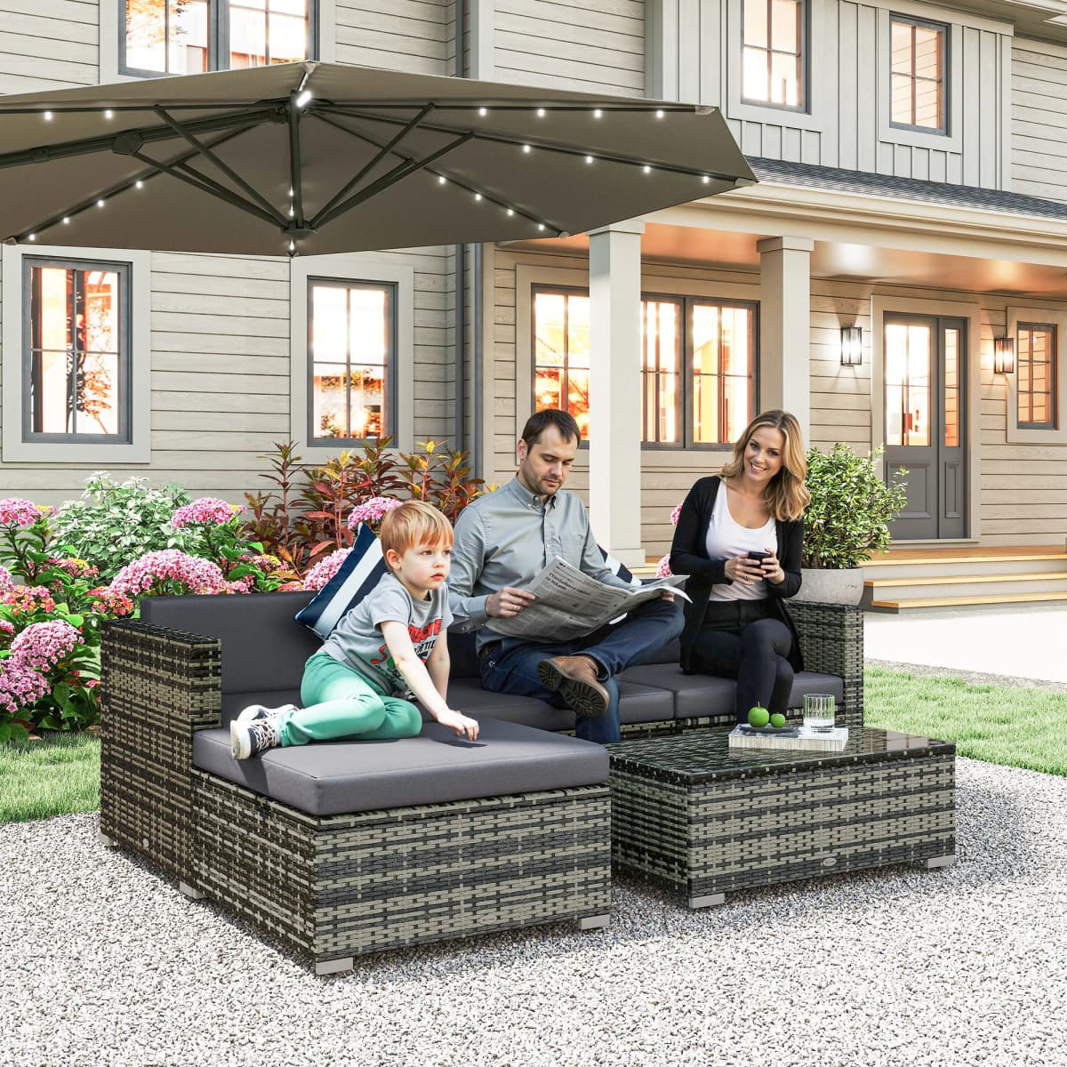 Outsunny 5 Piece Rattan Garden Furniture Set, Outdoor Corner Sofa with 67 cm Wide & Deep Seat, Sectional Outdoor Furniture