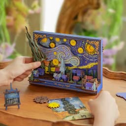 Robotime The Starry Night Wall Art Moving 3D Wooden Puzzle with LED Light Gears Interactive Desk Decor Unique DIY Gift for Adult