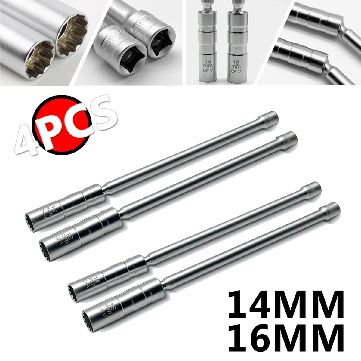 4PCS Magnetic Spark Plug Socket 14+16mm Thin Wall 3/8'' Drive Install Replace Repair Kit Torque Remove Removal Gap Tool