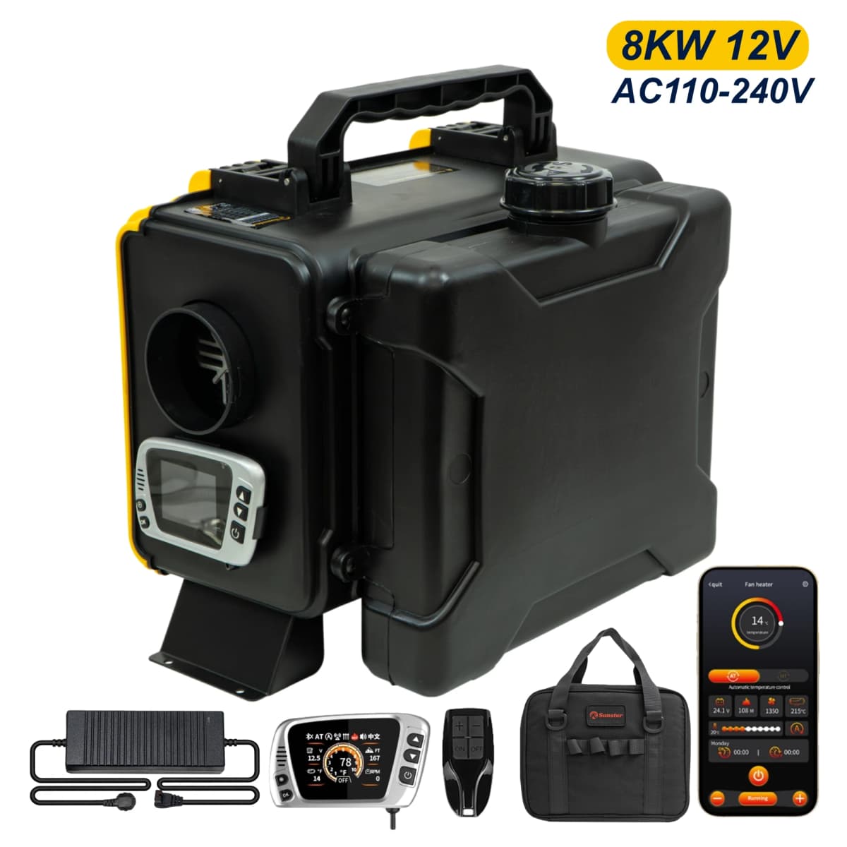 8KW Diesel Parking Heater 12V/220V Portable Toolbox Night Heater With Bluetooth APP Ventilation Mode For Trucks Boats Home RV