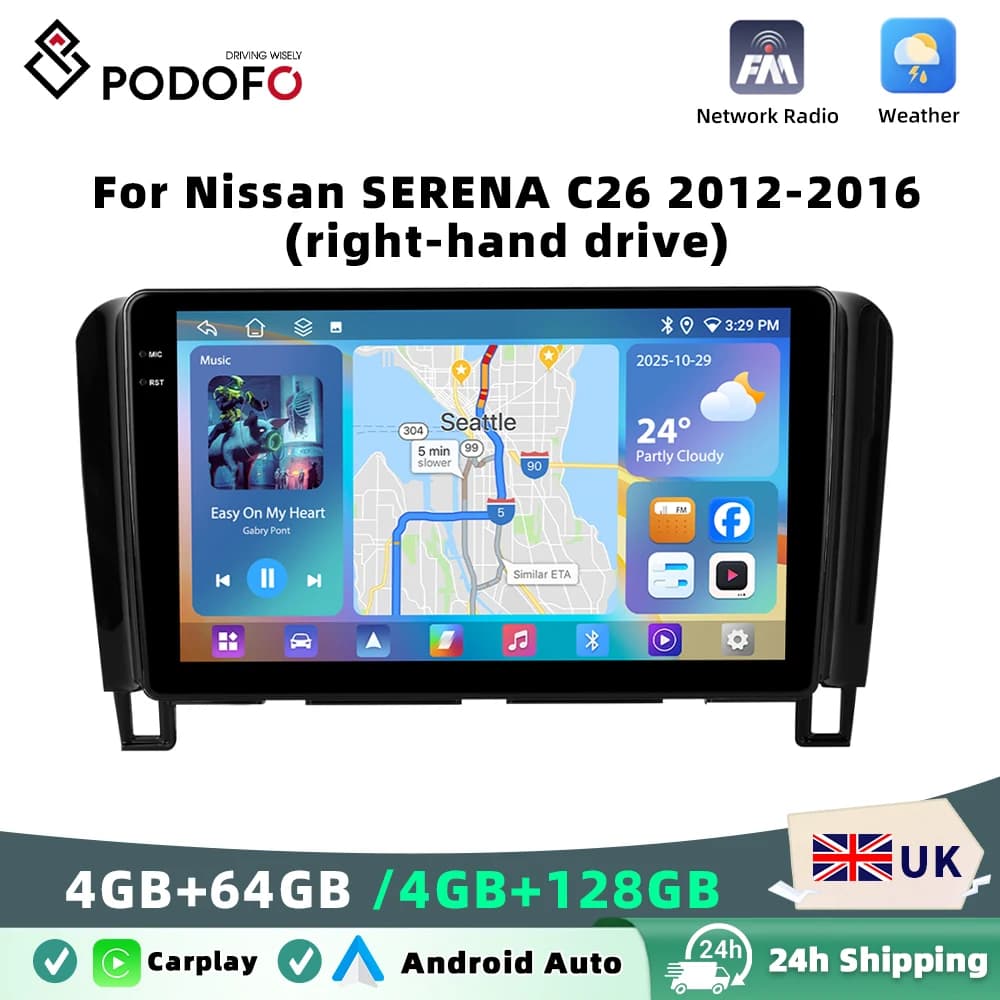 Podofo 4GB+64GB Car Radio Wireless Carplay Android Auto Audio Stereo 9 Inch 2 Din DVR GPS BT For Nissan SERENA C26 2012-2016