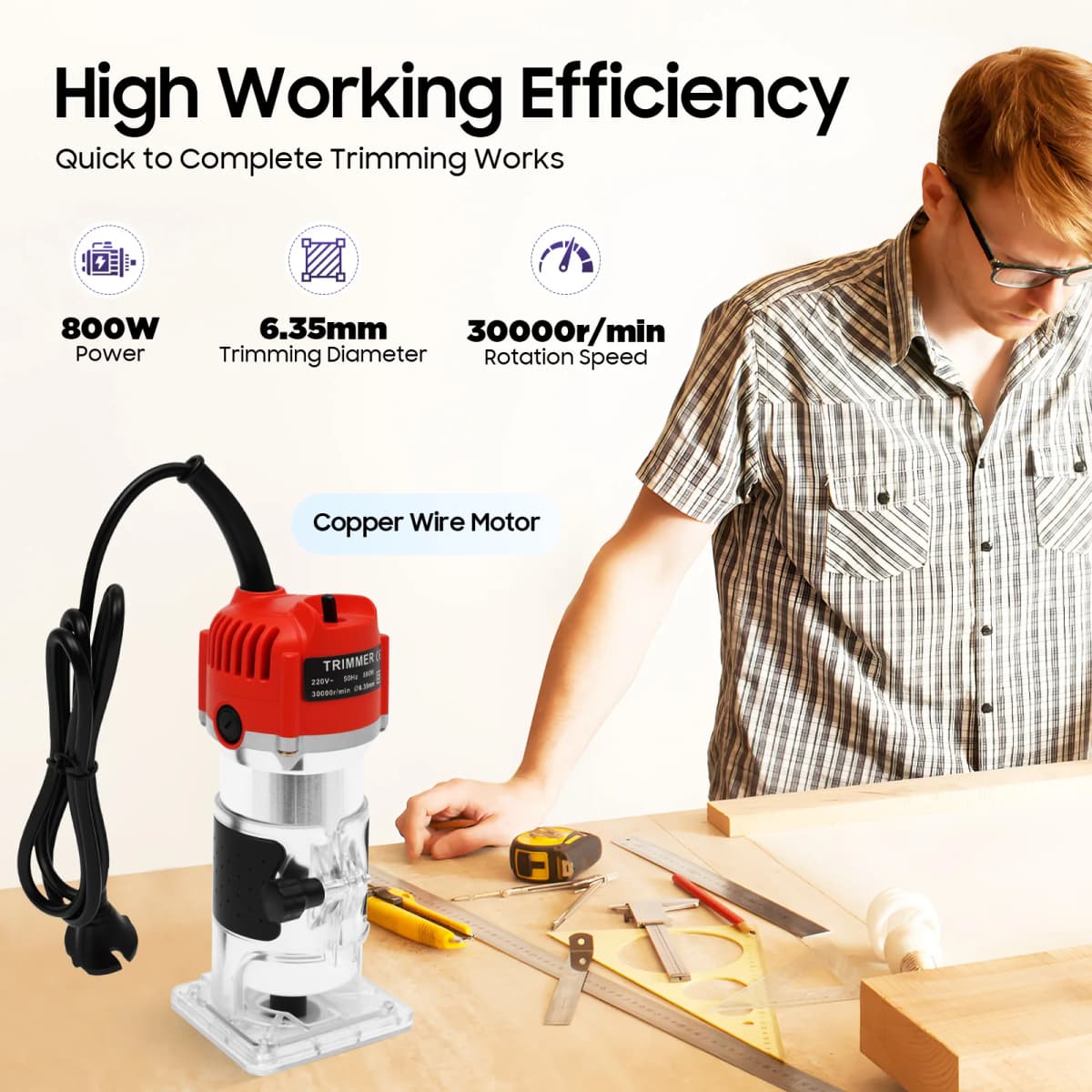 800W Woodworking Trimmer 30000RPM,Compact Electric Handheld Wood Router Carpenter Power Tool for DIY Wood Grooving Edge Trimming