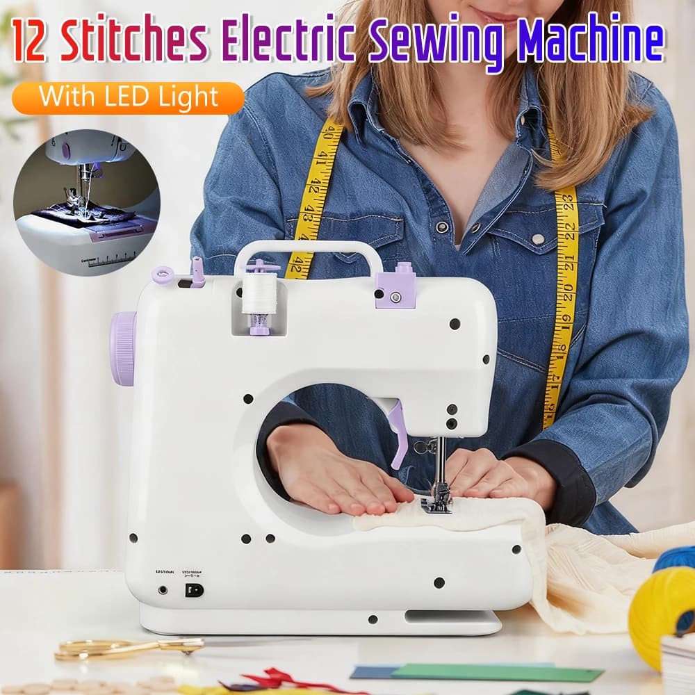 Portable Mini Electric Sewing Machine for Beginners 12 Stitches Foot Pedal Night Light Speed Control for DIY Home Sewing Mending