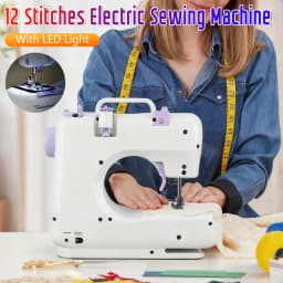 Portable Mini Electric Sewing Machine for Beginners 12 Stitches Foot Pedal Night Light Speed Control for DIY Home Sewing Mending
