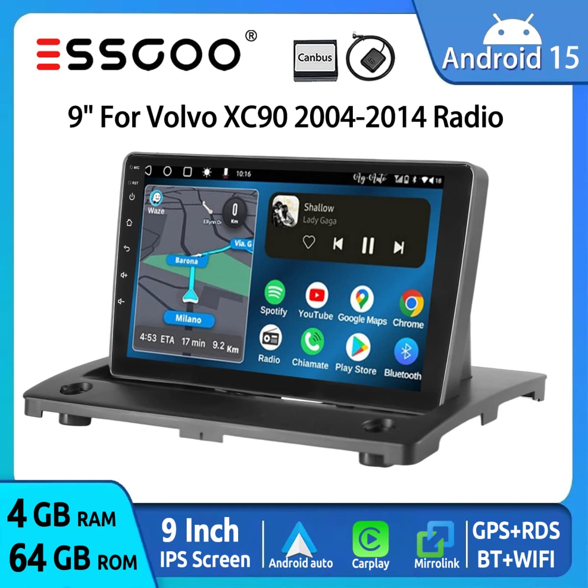 ESSGOO 9" Android 15 For Volvo XC90 2004-14 Wireless Carplay Android Auto Car Stereo Radio GPS NAVI WIFI SWC RDS USB FM BT Wifi