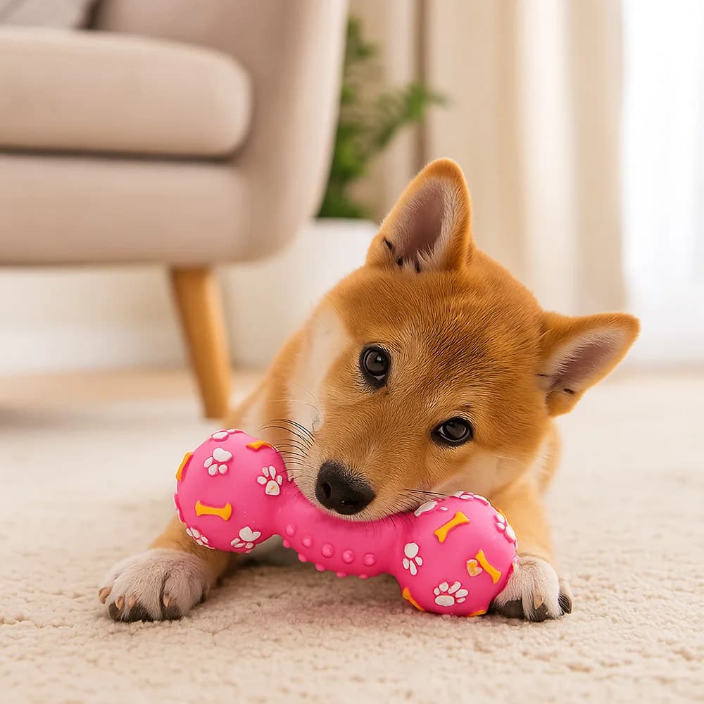 Dumbbell Squeaky Dog Toy, Durable Interactive Chew and Fetch Toy for Dogs, Blue or Pink