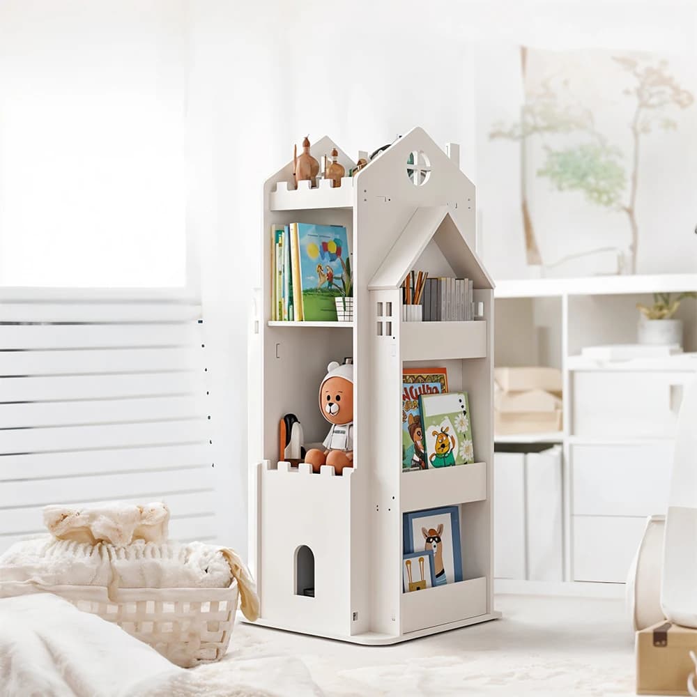 Voltsify 4-Tier Castle Kids Rotating Bookshelf Storage Organizer Rack