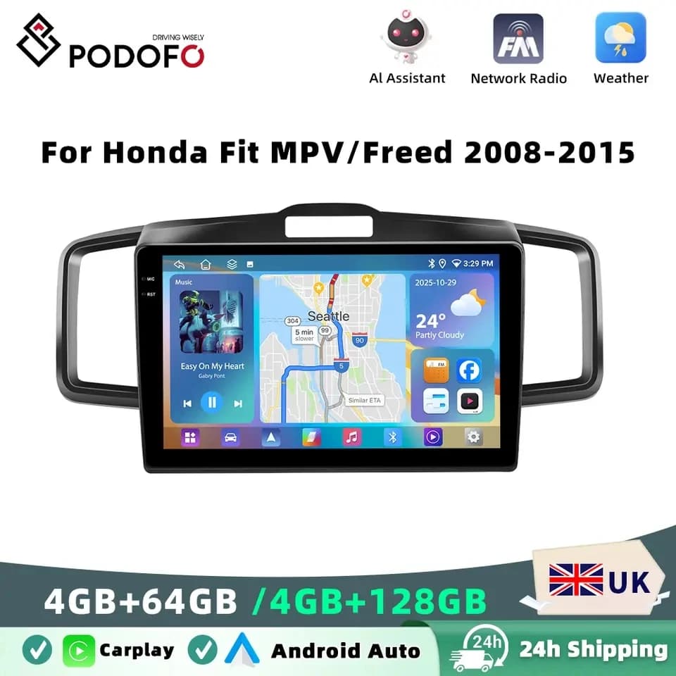 Podofo Wireless Carplay Android Auto Car Radio 4GB+64GB Stereo Multimedia Player 10 Inch GPS For Honda Fit MPV/Freed 2008-2015