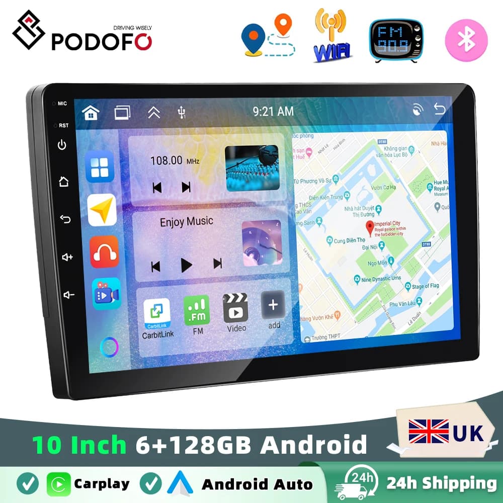 Podofo 6GB+128GB Car Radio Wireless Carplay Android Auto Universal Multimedia Video Player 10.1 Inch 2 Din MirrorLink BT GPS