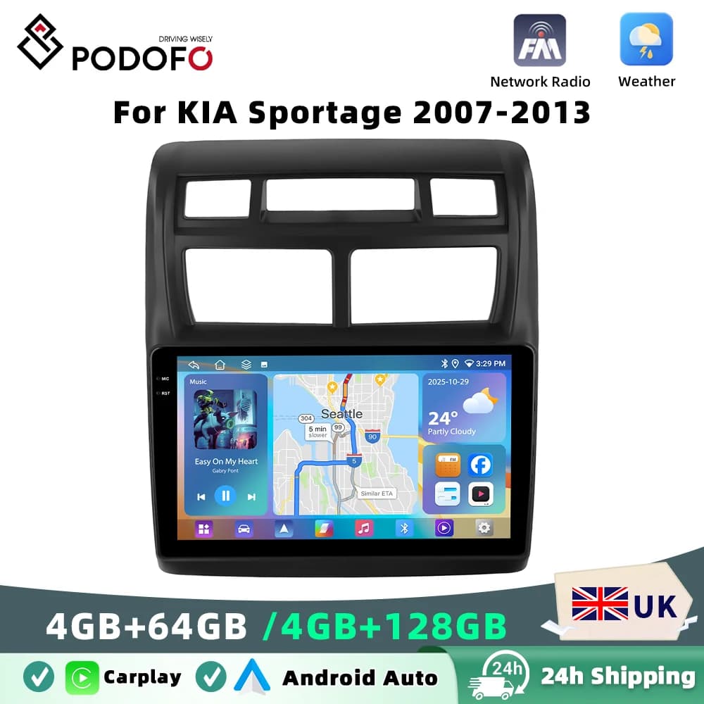 Podofo 4GB+64GB 9'' Car Radio Wireless Carplay Android Auto Multimedia Video Player Mirror Link GPS For KIA Sportage 2007-2013