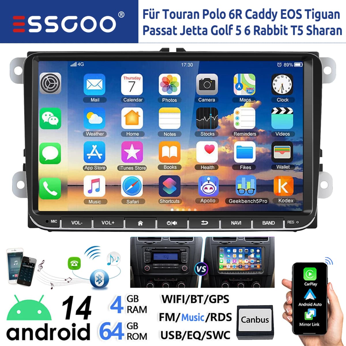 ESSGOO 9" Android 14 4+64G Carplay Car Stereo GPS NAVI WIFI RDS FM Bluetooth For VW Golf 5 6 Passat Polo Touran Tiguan Caddy EOS