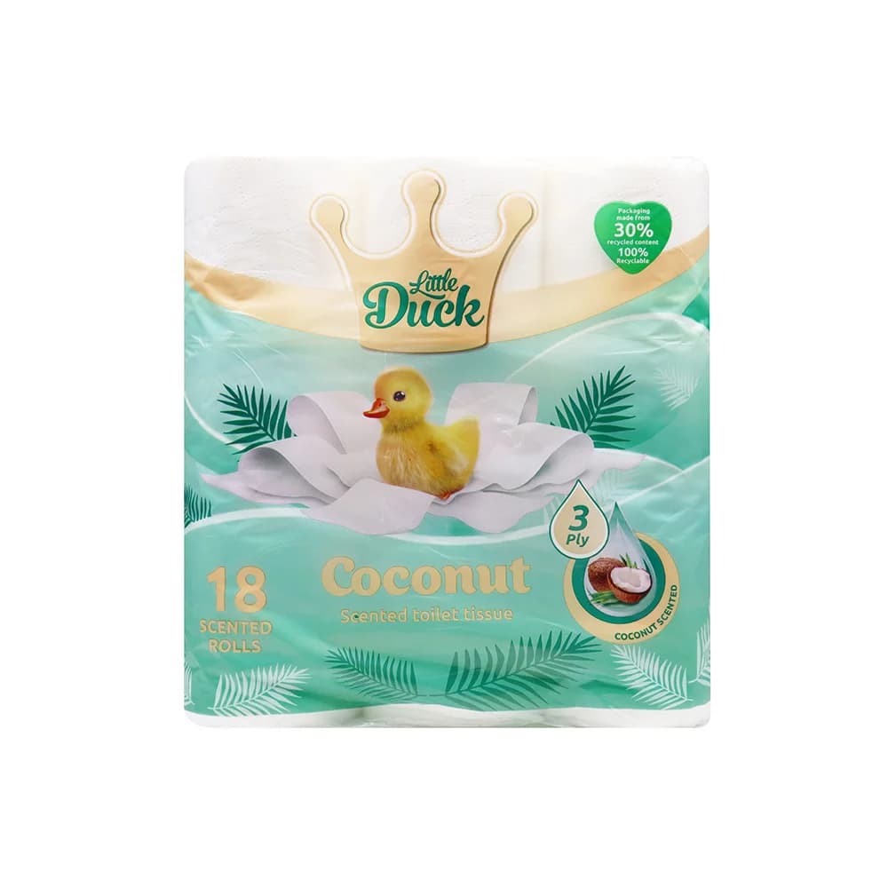Little Duck Toilet Tissue 3Ply, Coconut Scented White Rolls, 18 Pack for Home and Bathroom Use