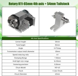 【EU Stock】CNC Fourth Axis 4th A Rotary Axis 3 Jaw 4 Jaw Chuck 65mm Activity Tailstock Center Height 54MM & Power & Driver