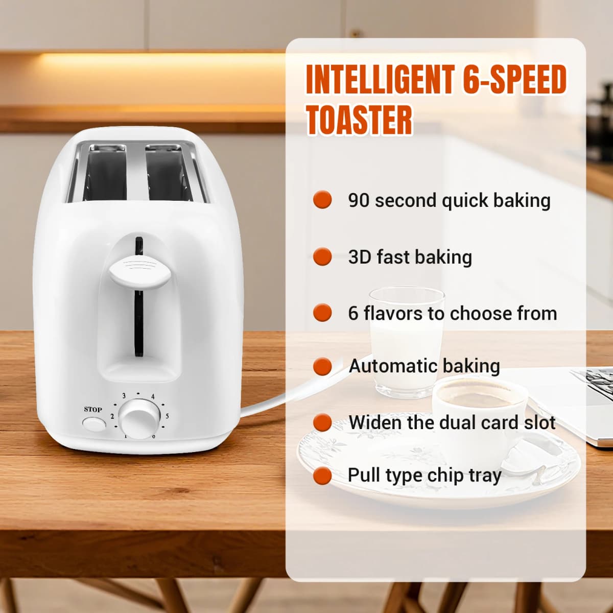 Bread Toaster 2 Slice with Wide Slots, 6 Browning Settings, High Lift, Slide-out Crumb Tray, Frozen, Reheat, Stop Functions, 90s