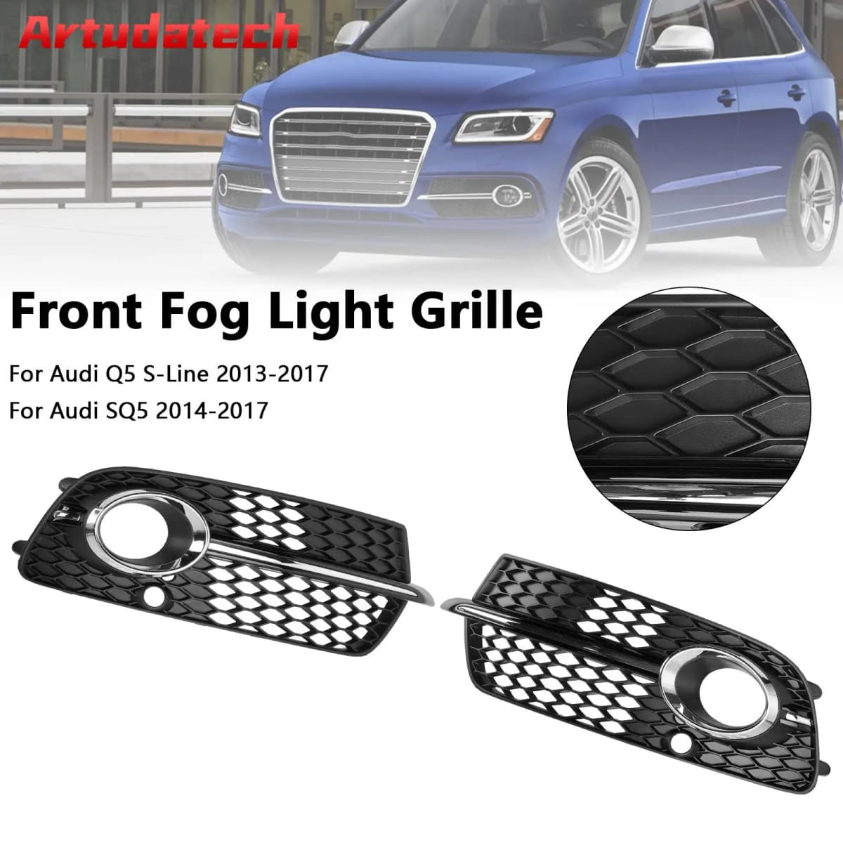 Artudatech Front Bumper Fog Light Grille Fit for Audi Q5 S-Line SQ5 2013-2017 Black Chrome