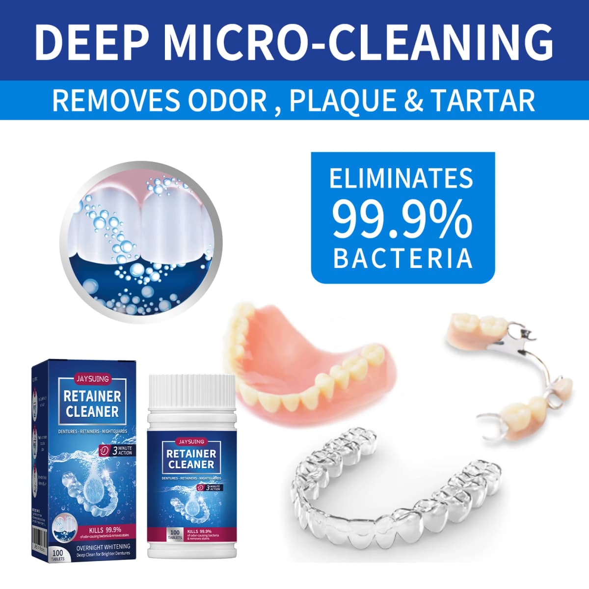 100 Tabs Denture Cleaning Tablet False Tooth Retainer Cleaner Tablets Whitening Remove Odor Discoloration Stain Plaque Oral Care