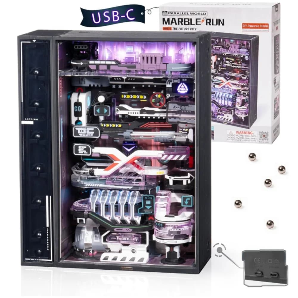 ROKR 3D Puzzle Model Kits DIY Marble Run Model with Electric LED Light Gaming Desk Future City for Men Children Kids MR02S