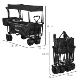 Trolley Cart Storage Wagon 4 Wheels W/ 2 Compartments Handle, Canopy, Black