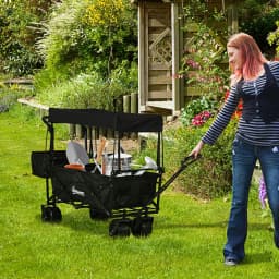 Trolley Cart Storage Wagon 4 Wheels W/ 2 Compartments Handle, Canopy, Black