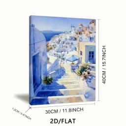 1PC 2D Flat, 1pc 2D High-definition Printed Santorini Scenery Canvas Poster, in Fresh and Beautiful Blue and White Tones. Framed Canvas Painting and Poster, Ready to Hang. Home Decor, Wall Art, Room Decoration. Ideal Gift for Living Room, Bedroom