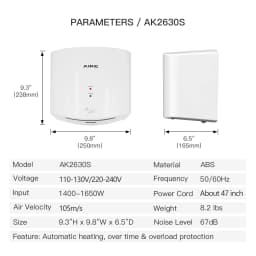 AIKE Automatic Sensor Hands Dryer 1400W High Speed Air Hand Drying Machine Bathroom Toilet Washroom Hand Dryer 10S Quick Drying
