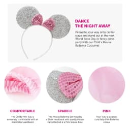 Child's Mouse Ballerina Costume - Pink Tutu, Sparkly Mouse Ears Headband - Angelina Outfit for World Book Day
