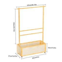 Bamboo Garment Rack, Entryway Coat Rack with Rattan Bin & Hanging Rod, 360 Degree Casters Wardrobe Closet Clothing Rack