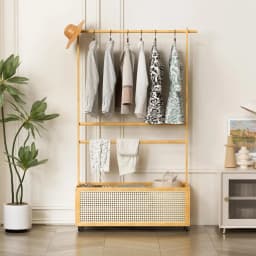 Bamboo Garment Rack, Entryway Coat Rack with Rattan Bin & Hanging Rod, 360 Degree Casters Wardrobe Closet Clothing Rack