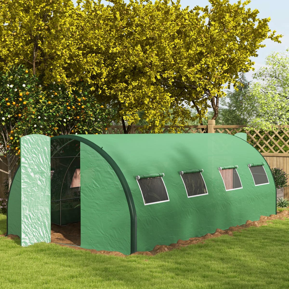 6 X 3(m) Upgraded Polytunnel Greenhouse with 2 Hinged Doors & 8 Windows, Green