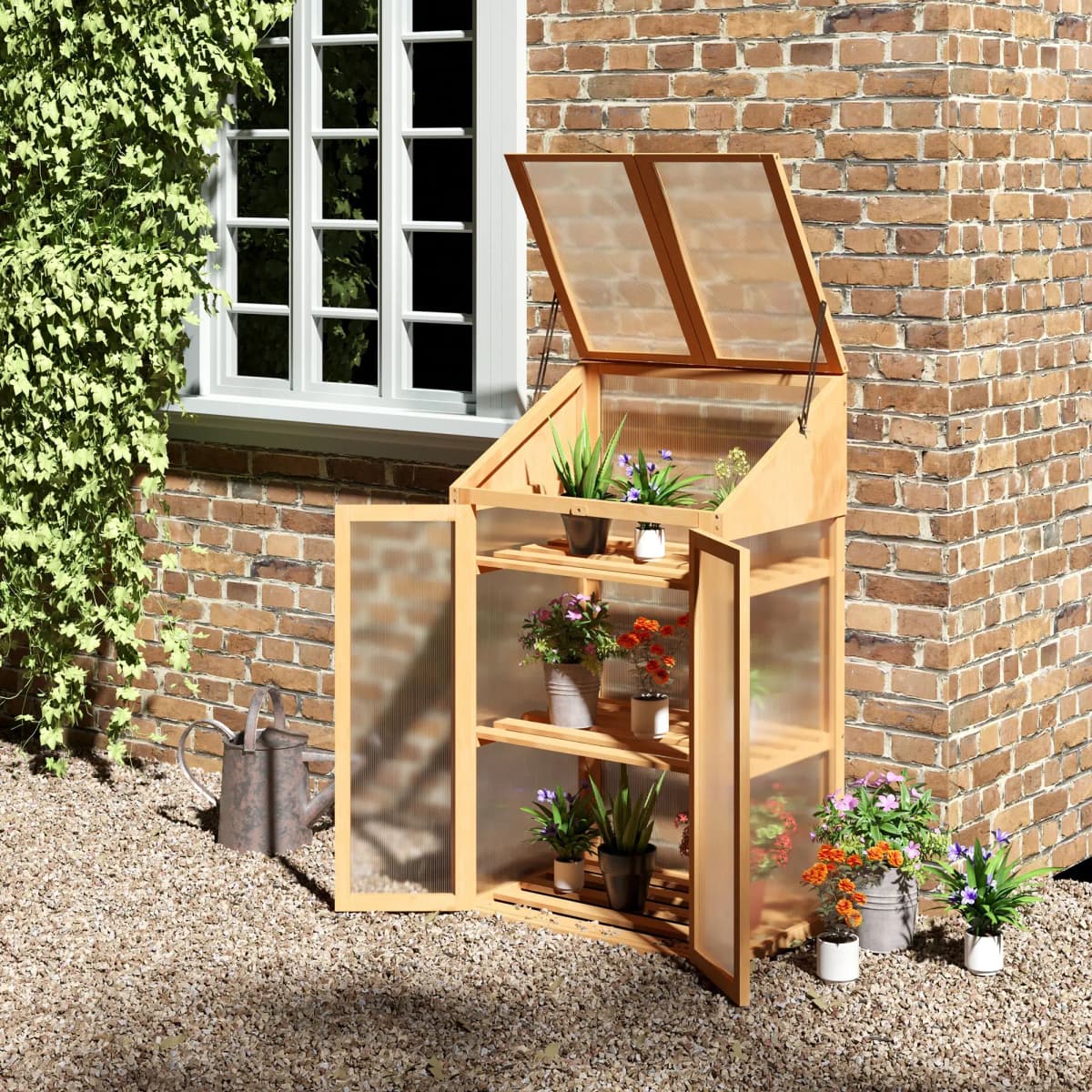 Wooden Greenhouse Cold Frame W/ Polycarbonate Semi Transparent Glazing Brown