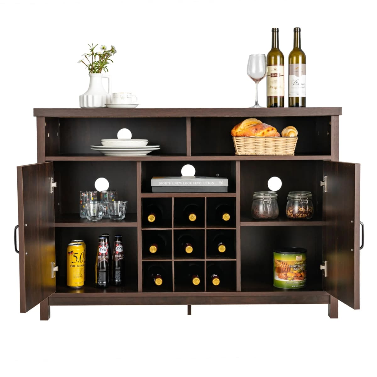 GOFLAME Buffet Storage Cabinet Farmhouse Sideboard w/9-Bottle Wine Rack-Brown