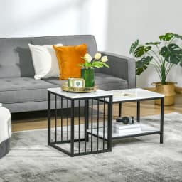 HOMCOM Modern Coffee Table Set of Two w/ Steel Frame Marble-Effect White