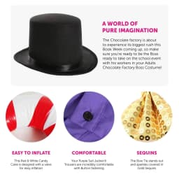 Adults Chocolate Factory Boss Costume - Purple Suit, Top Hat, Gold Bowtie, Inflatable Candy Cane & Golden Ticket -World Book Day