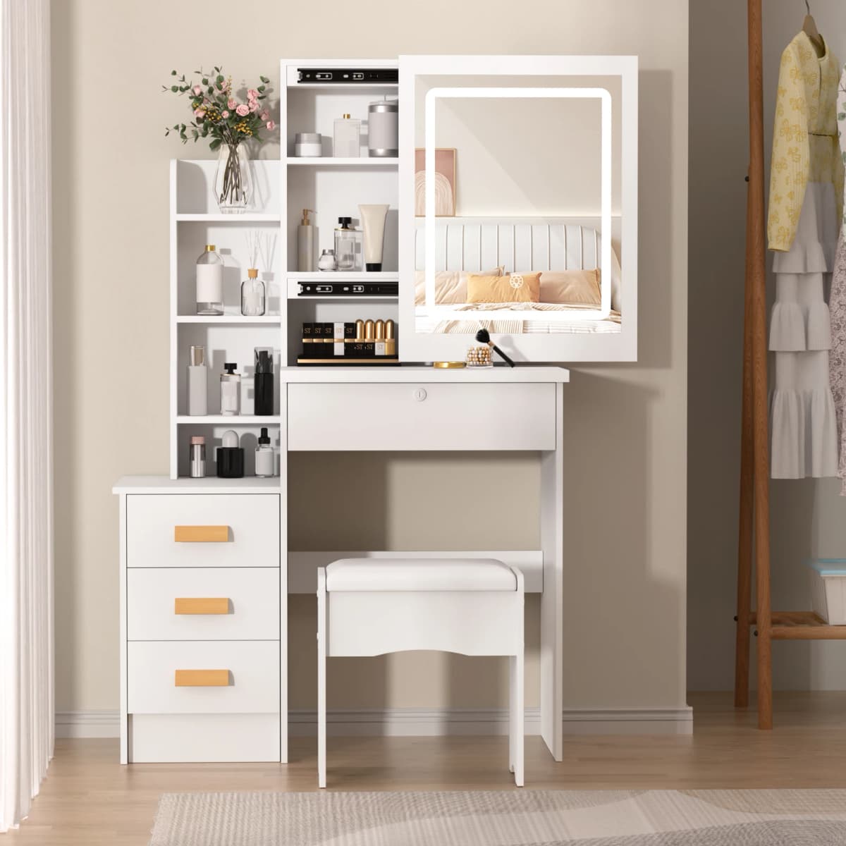 Vanity Table(Including Chairs), Dressing Table With Sliding Mirror and Stool, Bedroom Makeup Desk, Dresser With 4 Drawers
