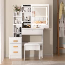 Vanity Table(Including Chairs), Dressing Table With Sliding Mirror and Stool, Bedroom Makeup Desk, Dresser With 4 Drawers