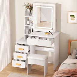 Vanity Table(Including Chairs), Dressing Table With Sliding Mirror and Stool, Bedroom Makeup Desk, Dresser With 4 Drawers