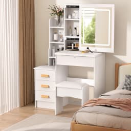 Vanity Table(Including Chairs), Dressing Table With Sliding Mirror and Stool, Bedroom Makeup Desk, Dresser With 4 Drawers