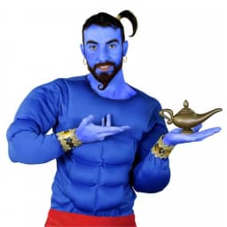 Men's Blue Genie Costume - Blue Muscle Chest, Gold Genie Lamp and Blue Face Paint - Perfect for World Book Day/ Book Week